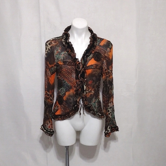 Cover Charge Chiffon Blouse Floral Applique Ruffle Trim Long Sleeve Shimmery Top - Picture 1 of 17